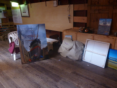 Plein air oil painting of tall ship James Craig in Garden Island Drydock painted by industrial heritage artist Jane Bennett