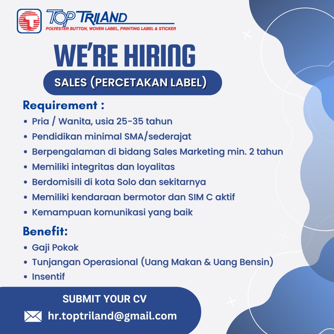 Loker Supervisor dan Sales di PT Top Triland Solo