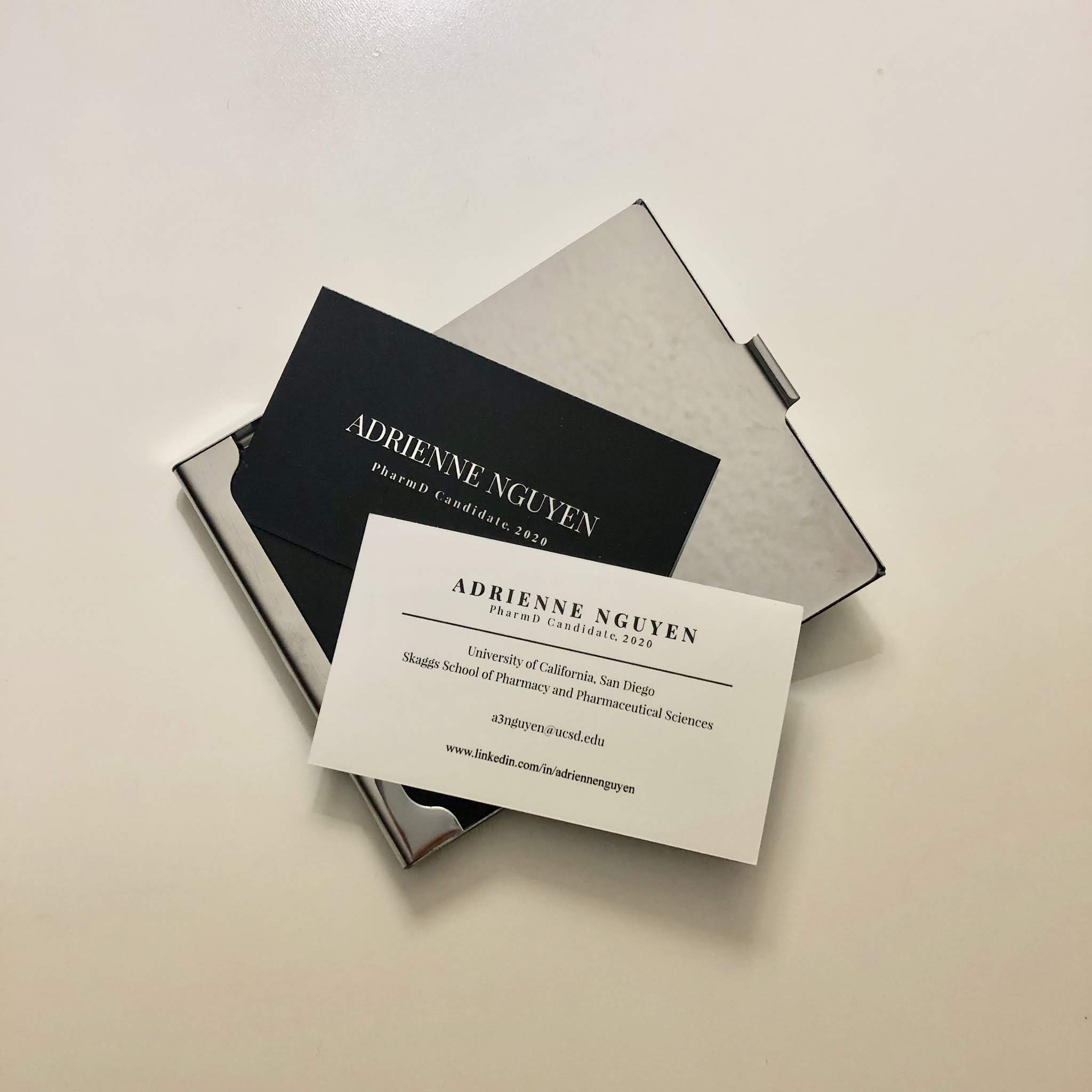 Adrienne Nguyen, PharmD - Pharmacy Blog - Business Cards for ASHP Midyear - Classy Black and White Business Cards