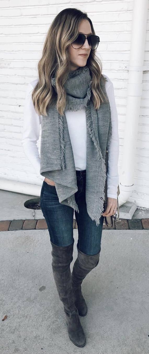 cozy outfit / grey knit scarf + white top + skinnies + over the knee boots