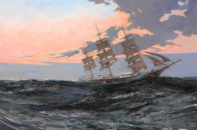 Montague Dawson art, a sailing ship with colorful sky