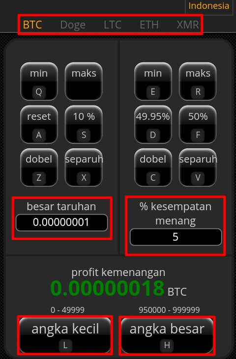 Silahkan pilih coin yang akan dimainkan > Isi jumlah yang akan dipertaruhkan > Persen kesempatan menang.