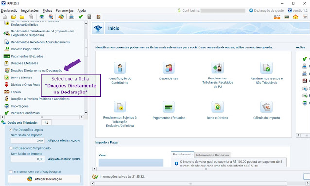 Selecione a ficha Doações Diretamente na Declaração