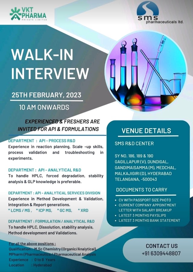 SMS Pharmaceuticals | Walk-in interview at Hyderabad for Freshers and Experienced on 25th February 2023