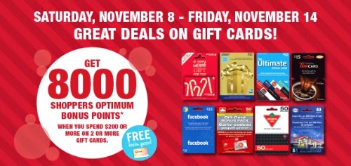 Shoppers Drug Mart Holiday 8000 Optimum Bonus Points When You Buy 2 Gift Cards