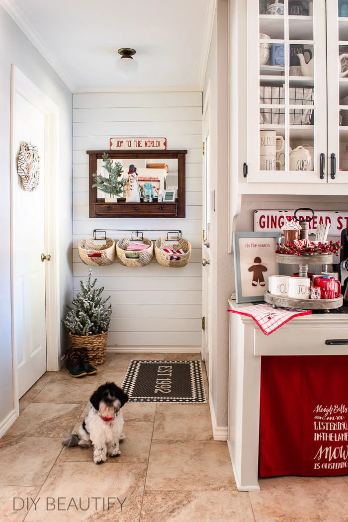 farmhouse Christmas kitchen with hot cocoa bar