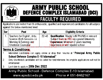 Army Public School Jobs in Islamabad