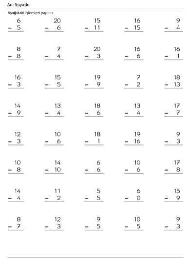 1. Sınıf,Matematik,Çıkarma İşlemi