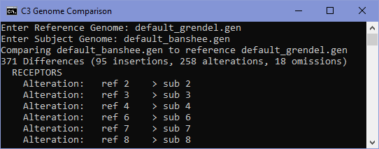 Output of script listing 371 differences between default Grendel and Banshee Grendel genomes