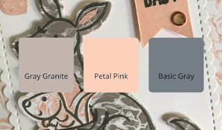 A colour scheme card showing the three Stampin' Up! colours Gray Granite, Petal Pink and Basic Gray against a background image of a new baby card with a kangaroo