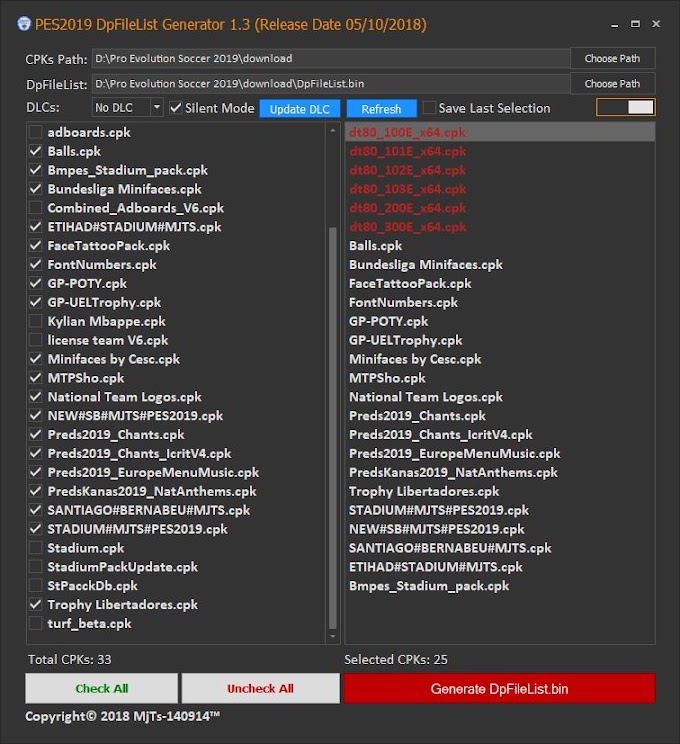 DpFileList Generator Tool V1.3 | PES2019 | DLC 5.0 | Steam | CPY