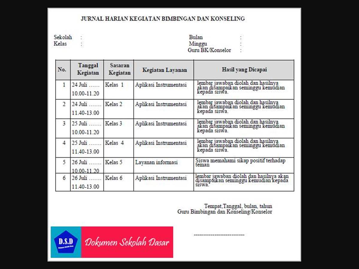 jurnal kegiatan bimbingan konseling sd