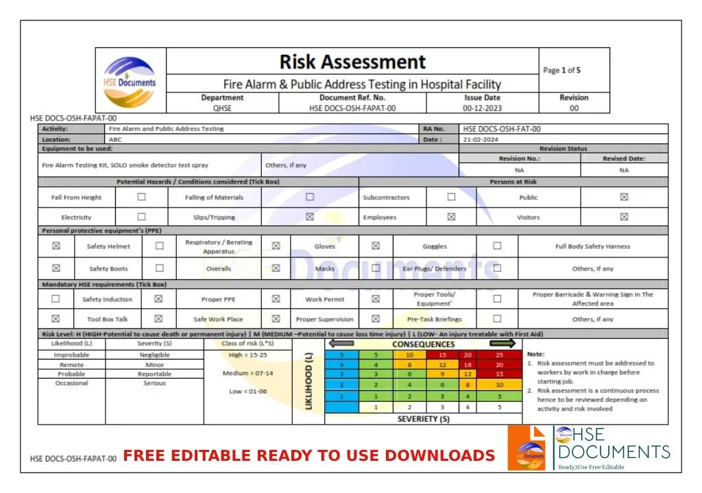 RISK ASSESSMENT - FIRE ALARM TESTING IN HOSPITAL BUILDING