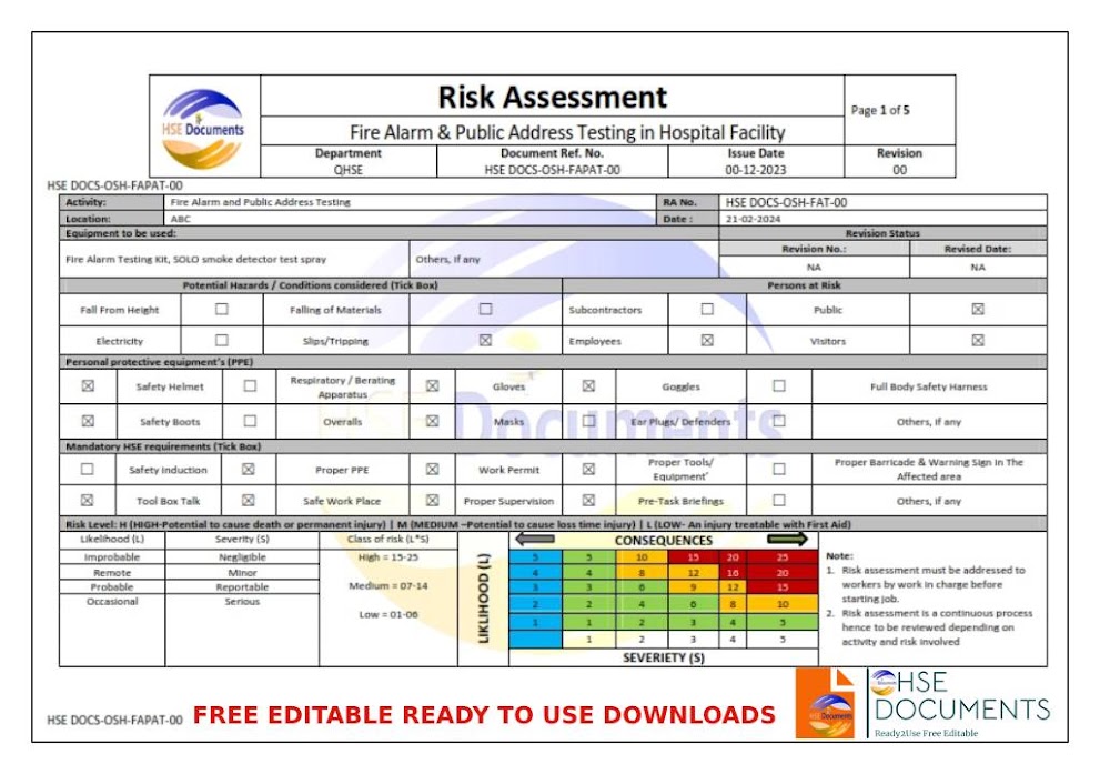 RISK ASSESSMENT - FIRE ALARM TESTING IN HOSPITAL FACILITY