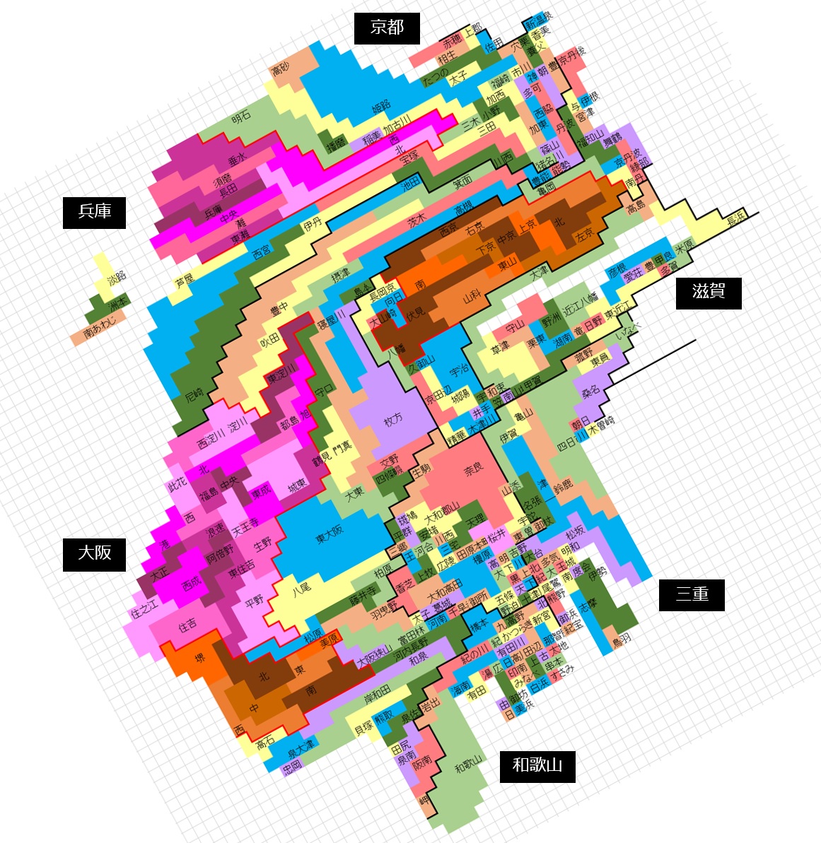 Simpleways 日本の人口分布 市町村別 面積地図 近畿 関西版