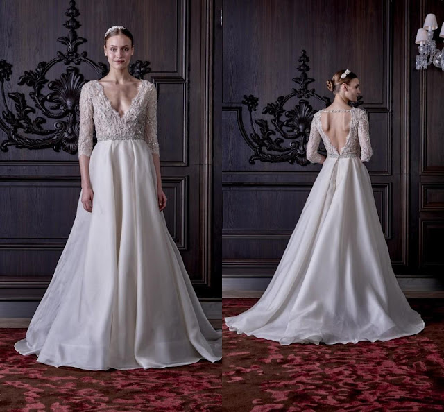 Spring Wedding Dresses Monique Lhuillier Backless Organza Lace A-line Deep V-neck
