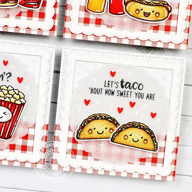 Sunny Studio Stamps: Fast Food Fun Mini Cards by Marine Simon (featuring Fancy Frame Dies, Scalloped Circle Mat Dies, Stitched Square Dies)