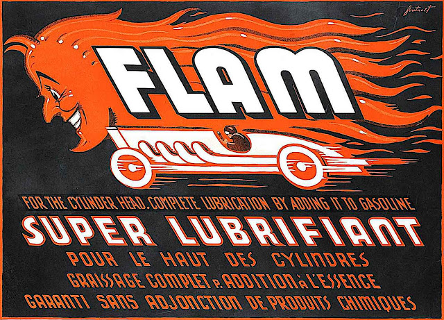 a 1922 advertising poster for motor oil by Noel Fontanet for Flam motor oil, showing a flaming devil racing car