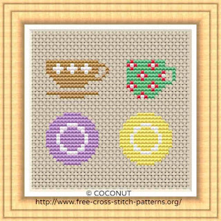 TEACUPS AND SAUCERS, FREE AND EASY PRINTABLE CROSS STITCH PATTERN