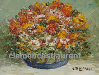 Heart-warming Bouquet, 4 x 5 oil painting of orange, yellow and red flowers  by Clemence St. Laurent