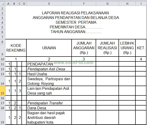 Contoh LPJ Realisasi APBDes Format Excel