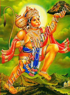 Hanuman flying with the mountain of herbs to cure Lakshmana 
