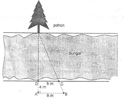 Andi ingin mengetahui lebar sungai. Di seberang sungai terdapat sebuah pohon. Untuk itu dia menancapkan tongkat pada posisi A, B, C dan D dengan ukuran seperti pada gambar