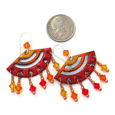 enamel chandelier earrings in red orange yellow gift for her