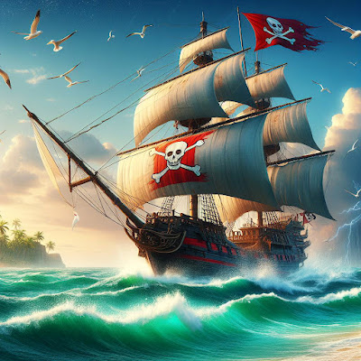 Pirate tall ship on choppy tropic seas.
