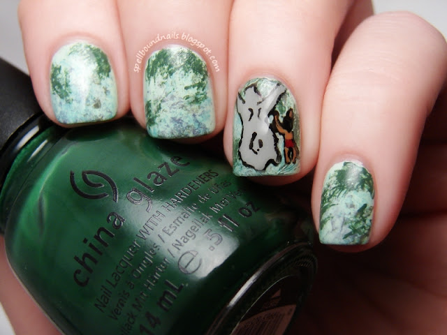 Disney nail art challenge The Jungle Book Mowgli Baloo leaves saran wrap freehand Spellbound Nails Lacquer Polish China Glaze