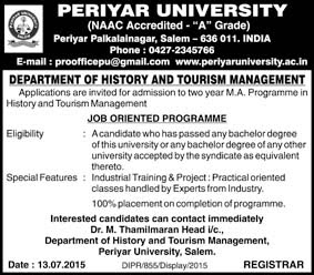 Periyar University MA History and Tourism Management Admission Notification for 2015-16