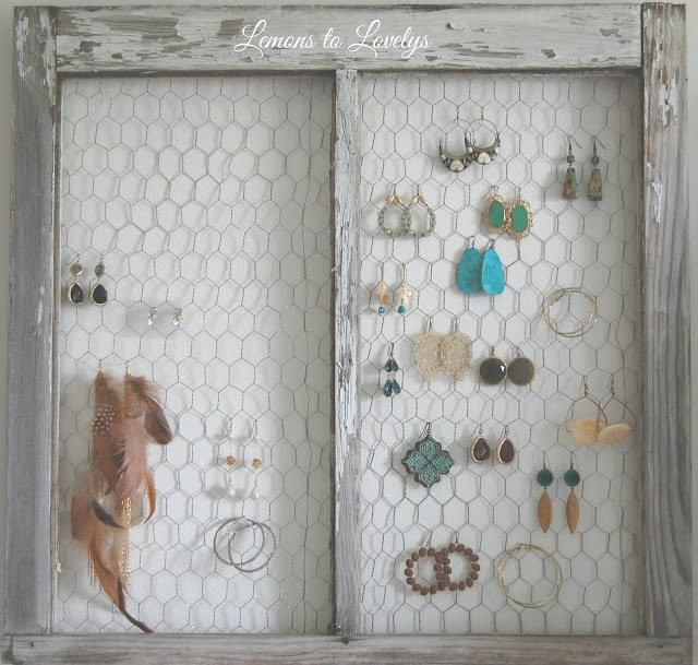 DIY jewelry holder made from an old window.  Tutorial on www.lemonstolovelys.blogspot.com