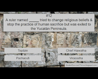 A ruler named _____ tried to change religious beliefs & stop the practoce of human sacrifice but was exiled to the Yucatán Peninsula. Answer choices include: Topilzin, Chief Hawatha, Pachacuti, Viracocha