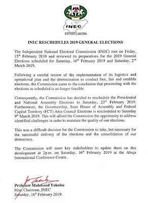 INEC Reschedule 2019 Elections