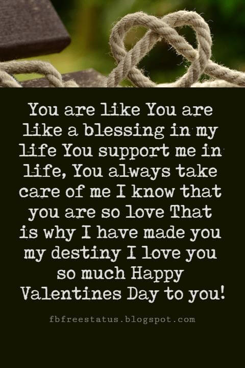 Valentines Poems For Him, You are like You are like a blessing in my life You support me in life, You always take care of me I know that you are so love That is why I have made you my destiny I love you so much Happy Valentines Day to you!