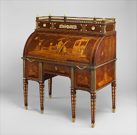 Cylinder-Fall Desk with Cabinet Top, David Roentgen,ca. 1776–78, German (Neuwied) , Oak, cherry, cedar, pine and mahogany; veneered with mahogany, maple, burled walnut, kingwood, tulipwood, boxwood, ebony and various other woods, partly stained, mother-of-pearl; brass, partly gold-lacquered; gilt-bronze mounts; steel and brass operating mechanisms, leather.  Dimensions: H.(135.9 cm), W.(110.5 cm), D. (67.3 cm)
