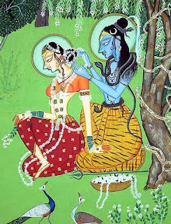 Tapasvini-Parvati, the hermitress, performing austere penance to impress upon Shiva the intensity of her love Rajasthani miniature 