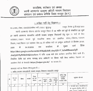 RAIPUR ATMANAND SCHOOL RECRUITMENT 2023 | रायपुर छत्तीसगढ़ के आत्मानंद स्कूलों में कुल 71 रिक्त पदों की भर्ती