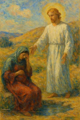 Hagar sits by a desert spring as the angel of the Lord appears with a message of comfort. / 하갈이 광야의 샘가에 앉아 있을 때 여호와의 사자가 위로의 말씀을 전하고 있다.