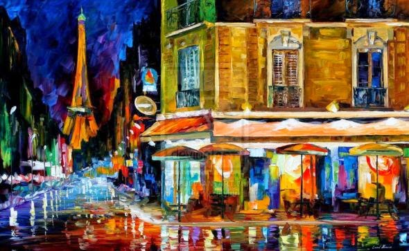 Leonid Afremov pinturas a óleo impressionista chuva outono noite cidade