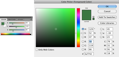 Color selection tools in Adobe Photoshop. Left: simple. Right: detailed