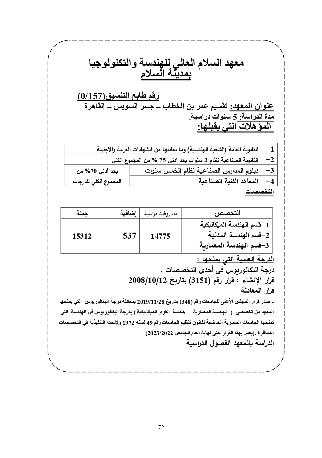 معهد السلام العالي للهندسة والتكنولوجيا بمدينة السلام «مصروفات ومعلومات عنه»