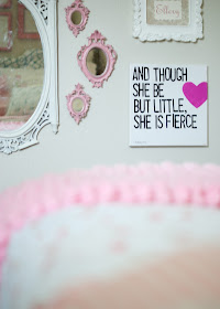 Gallery wall- vintage mirrors and quote "though she be but little she is fierce