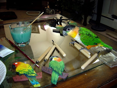 Caique parrot helps artist paint