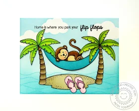 Sunny Studio: Island Getaway Hammock Card by Mendi Yoshikawa (with Monkey from Comfy Creatures & Cloud from Sunny Sentiments)