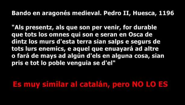 Als presentz, als que son per venir, for durable que tots los omnes qui son e seran en Osca de dintz los murs d'esta terra sian salps e segurs de tots lurs enemics, e aquel que enuayará ad altre o fará de mays ad algún d'els en alguna cosa, sian pris e tot lo poble venguia se d'el.