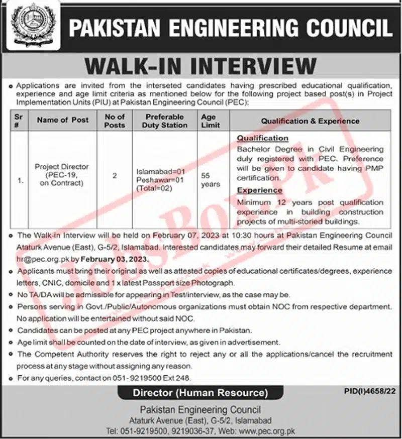 Pakistan Engineering Council PEC Jobs 2023 Latest Advertisement