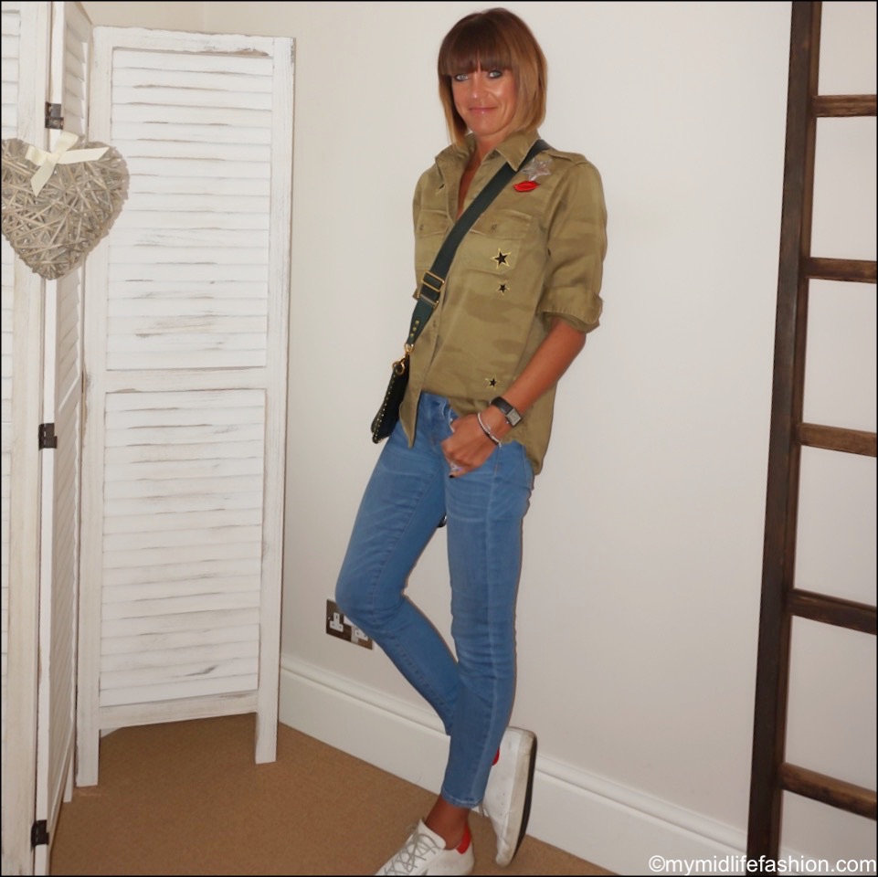 my midlife fashion, current Elliott camouflage shirt, Isabel Marant bag, j crew 8 inch toothpick jeans, golden goose superstar low top leather trainers