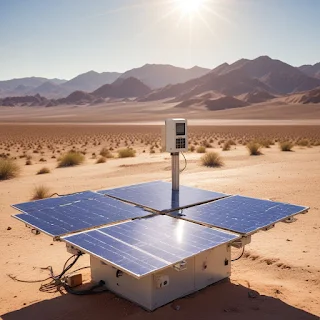There is a solar panel which is in desert at day times