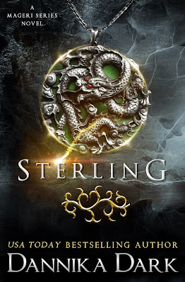 Sterling book cover depics a silver pendant of a dragon over green jade. Golden light dances through it, background is an abstract dark gray with crackling effects.